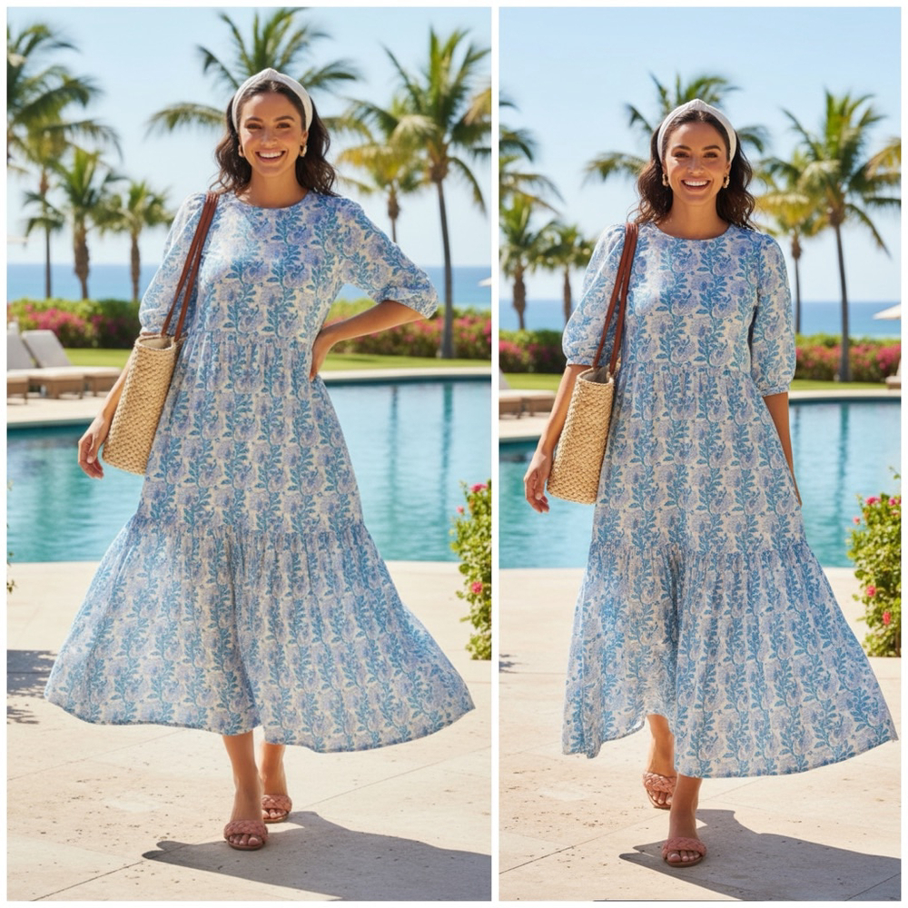ZS BLOCKPRINTS Dress Floral Print Maxi Dress Size S Blue White Resort